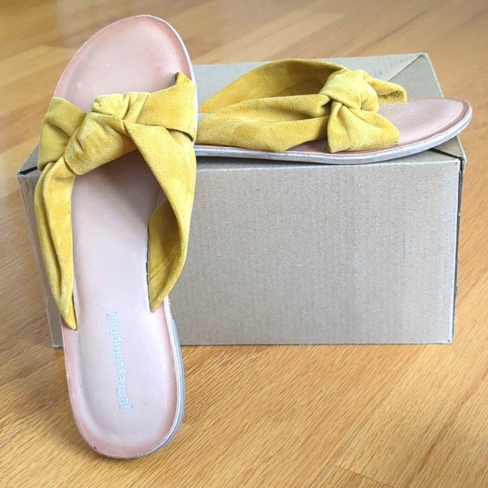 Jeffrey Campbell Size 7/38 yellow gold Suede Twist Slide Sandals leather sole